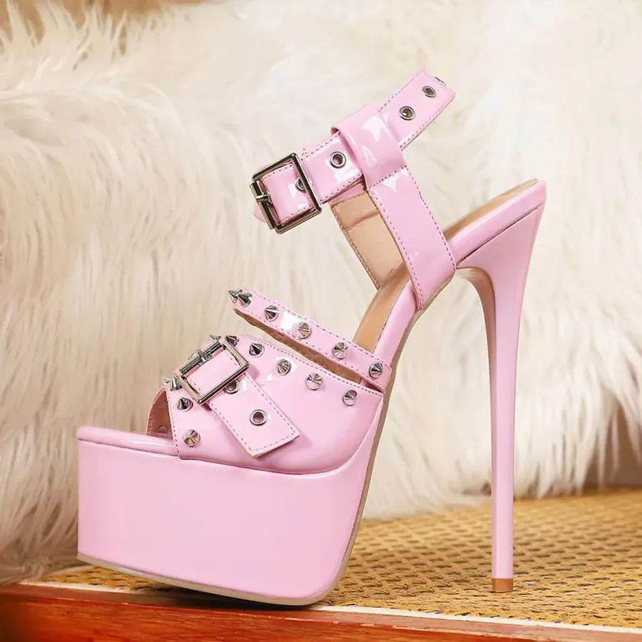 A pink studded platform sandal